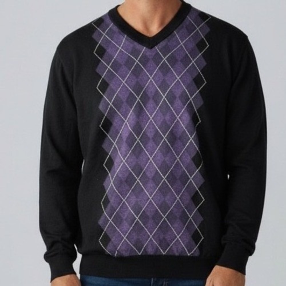 Tagio Mens XXL wool‎ sweater Argyle 100% Extra Fine Merino preppy dark academia